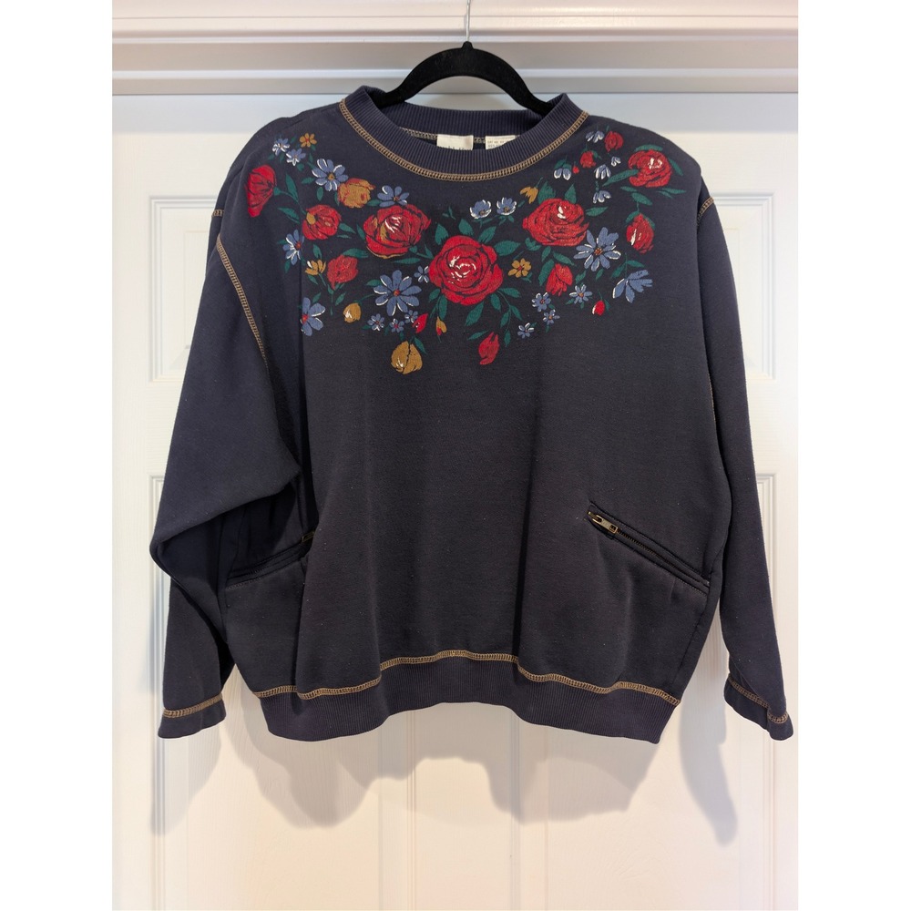 Together! Vintage 90s Floral Sweatshirt XL Navy Zip Pocket Retro
